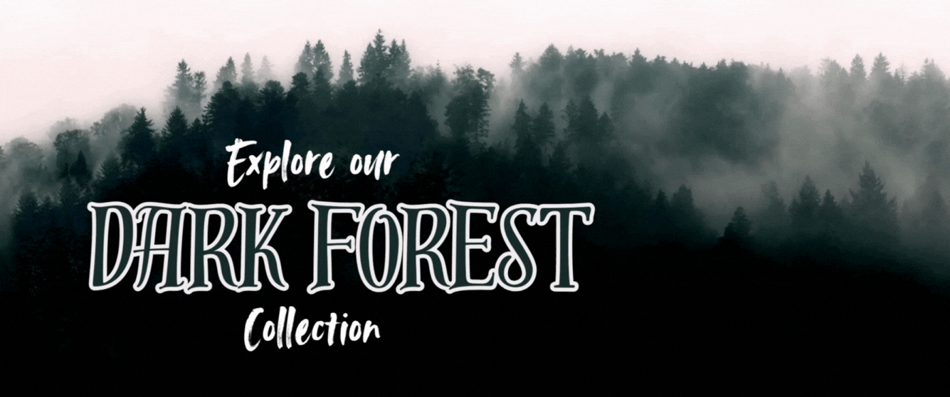 mage with text reading “explore our dark forest collection: find your fae” on a dark green background with pine trees.