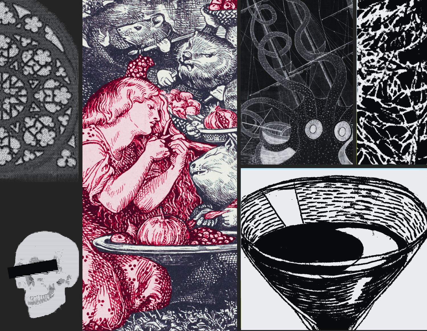 A rectangular collage of mostly black and white images featuring a drawing of a martini glass, a closeup of blood vessels, an octopus attacking a ship, a skull with a bar over its eyes, a white stained glass window on a dark background, and a drawing of a woman in red lines cutting her hair.